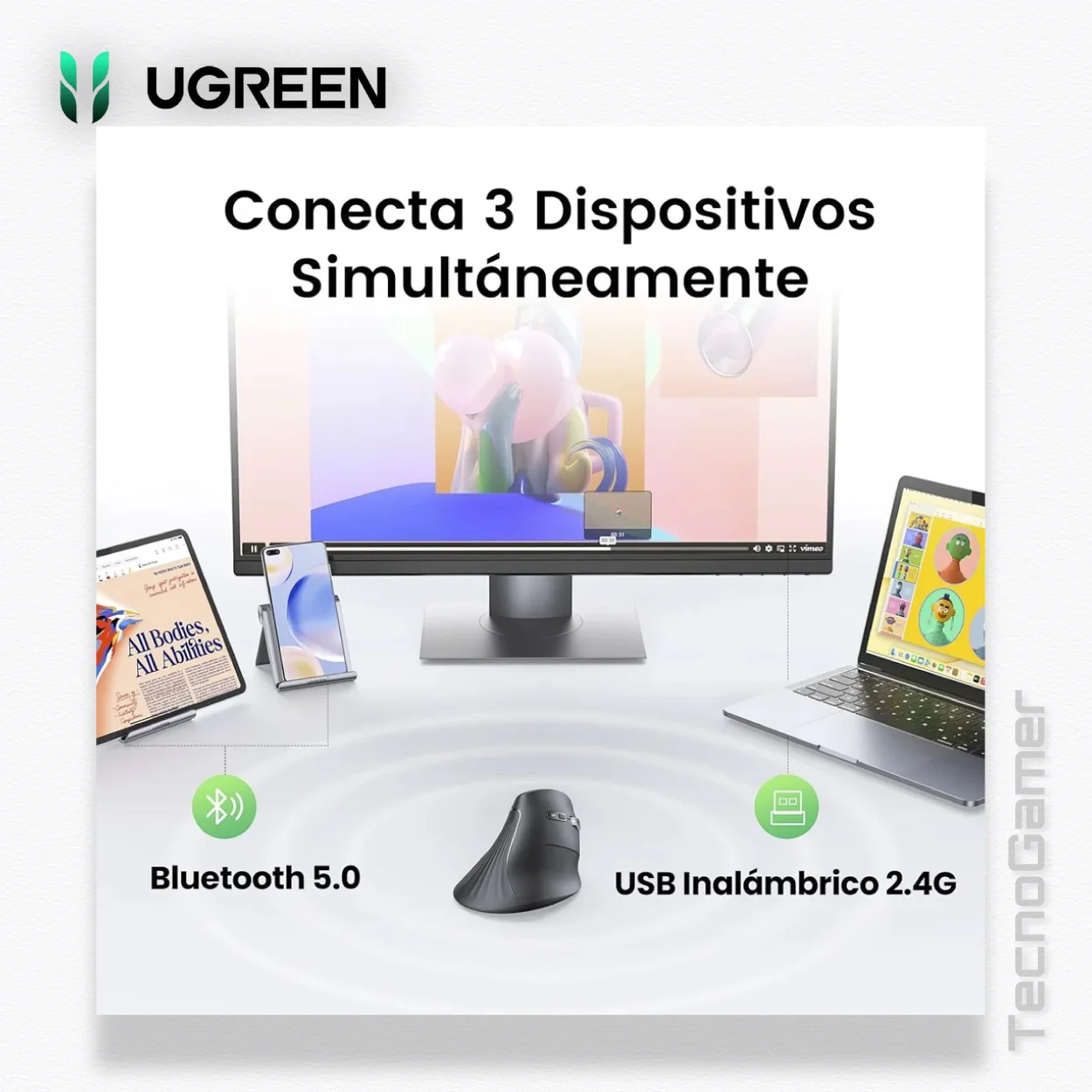 Mouse Ugreen MU008 Dual Mode Ergonomico - Imagen 5